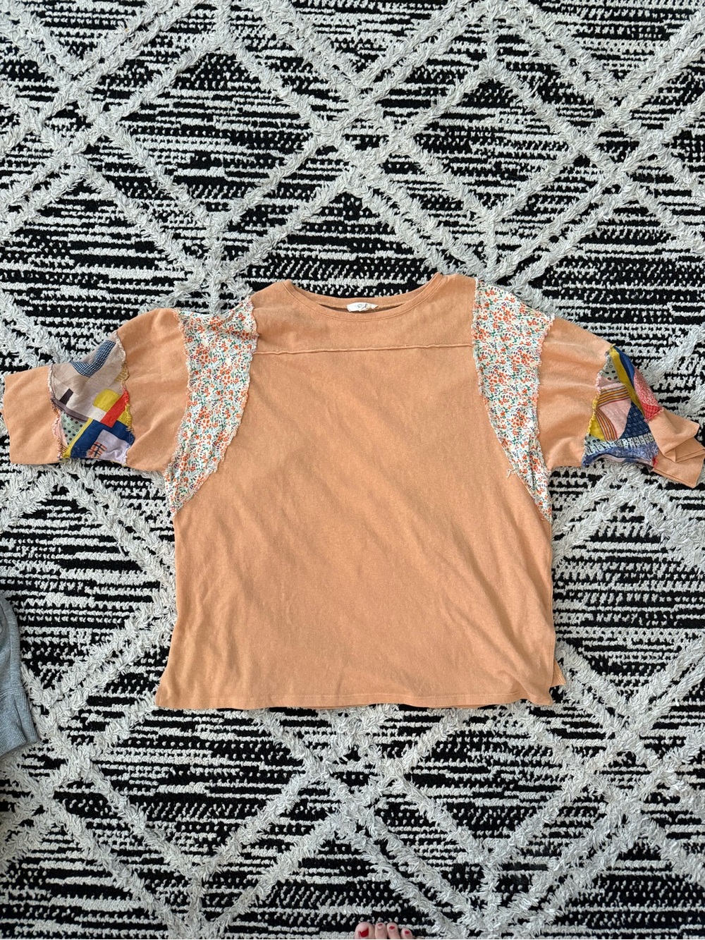 Girls Peach Short Sleeve Patchwork Tee with Floral Accents